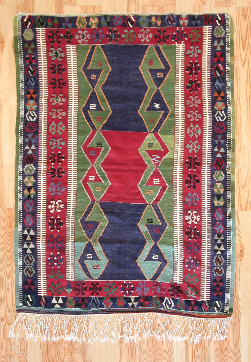 5x7 Vintage Anatolian Turkish Kilim Area Rug | Symmetrical geometric design tribal motifs alternating colors | SKU 505