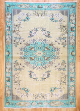 Load image into Gallery viewer, 5x8 Vintage Central Anatolian Oushak Style Turkish Area Rug | Bold turquoise medallion and border chartreuse field | SKU 508
