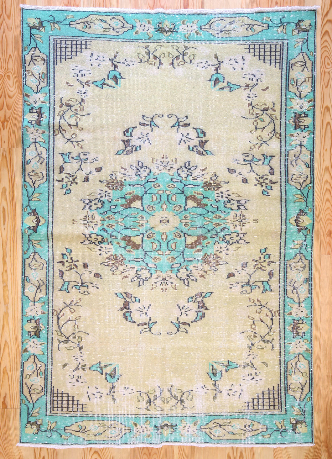 5x8 Vintage Central Anatolian Oushak Style Turkish Area Rug | Bold turquoise medallion and border chartreuse field | SKU 508