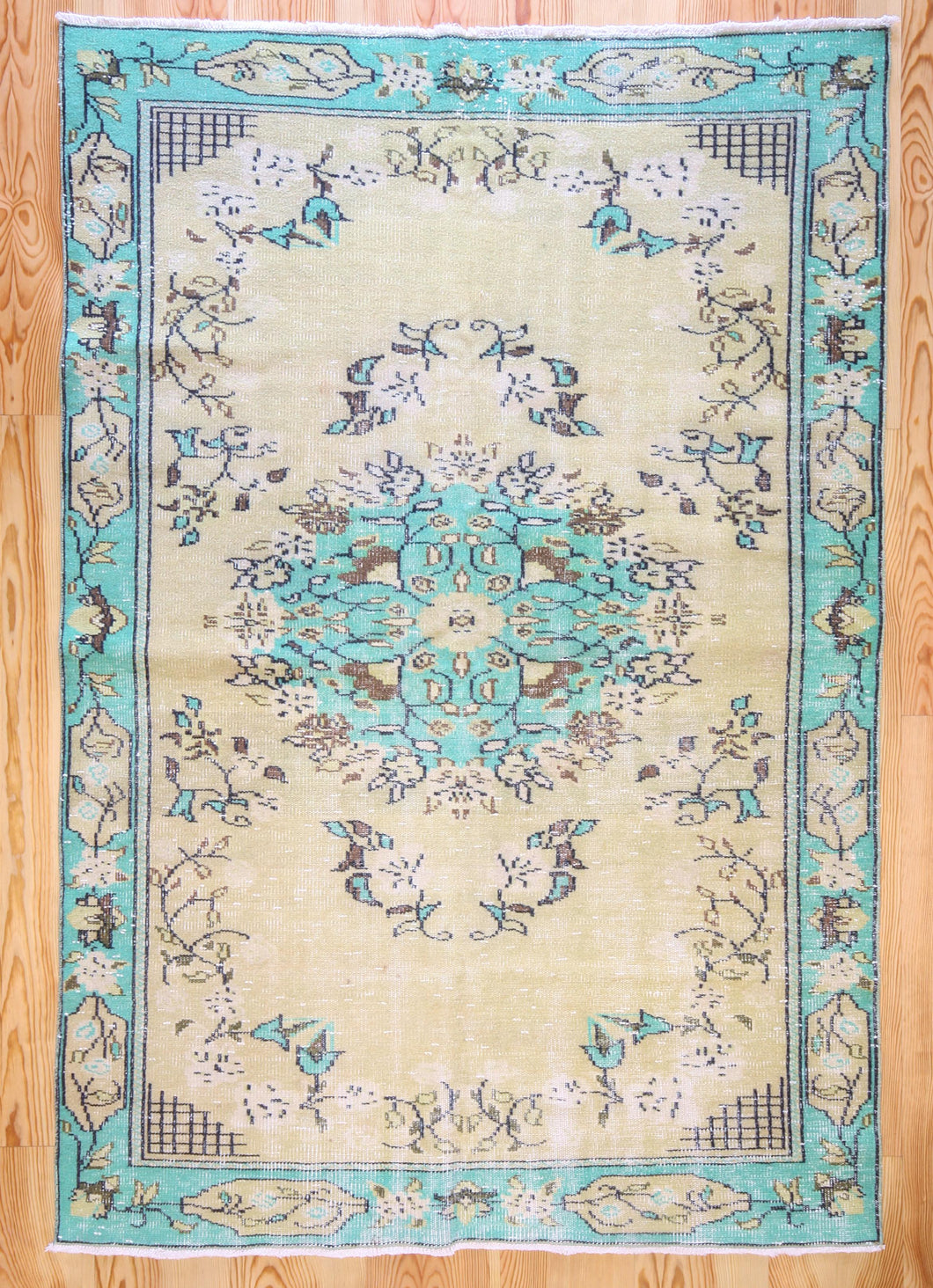 5x8 Vintage Central Anatolian Oushak Style Turkish Area Rug | Bold turquoise medallion and border chartreuse field | SKU 508