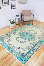 Load image into Gallery viewer, 5x8 Vintage Central Anatolian Oushak Style Turkish Area Rug | Bold turquoise medallion and border chartreuse field | SKU 508
