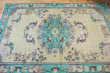 Load image into Gallery viewer, 5x8 Vintage Central Anatolian Oushak Style Turkish Area Rug | Bold turquoise medallion and border chartreuse field | SKU 508
