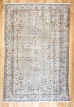Load image into Gallery viewer, 6x9 Vintage Central Anatolian Oushak Style Gray Turkish Area Rug | Bold medallion spacious field floral border | SKU 510
