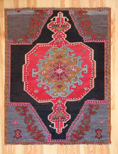 Load image into Gallery viewer, 5x7 Vintage Eastern Anatolian &#39;Kars&#39; Turkish Area Rug | Single bold red medallion black field gray corners pink accents | SKU 513
