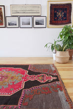 Load image into Gallery viewer, 5x7 Vintage Eastern Anatolian &#39;Kars&#39; Turkish Area Rug | Single bold red medallion black field gray corners pink accents | SKU 513
