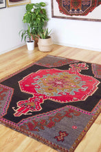 Load image into Gallery viewer, 5x7 Vintage Eastern Anatolian &#39;Kars&#39; Turkish Area Rug | Single bold red medallion black field gray corners pink accents | SKU 513
