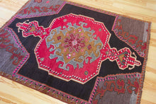 Load image into Gallery viewer, 5x7 Vintage Eastern Anatolian &#39;Kars&#39; Turkish Area Rug | Single bold red medallion black field gray corners pink accents | SKU 513

