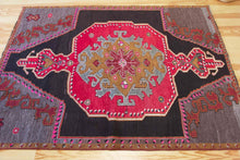 Load image into Gallery viewer, 5x7 Vintage Eastern Anatolian &#39;Kars&#39; Turkish Area Rug | Single bold red medallion black field gray corners pink accents | SKU 513
