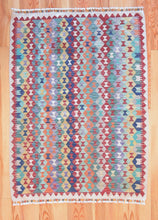 Load image into Gallery viewer, 4x6 Vintage Kilim Area Rug | Repeating all over diamond tribal motifs colorful design | SKU 517
