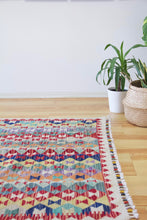 Load image into Gallery viewer, 4x6 Vintage Kilim Area Rug | Repeating all over diamond tribal motifs colorful design | SKU 517
