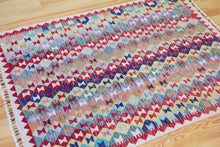 Load image into Gallery viewer, 4x6 Vintage Kilim Area Rug | Repeating all over diamond tribal motifs colorful design | SKU 517
