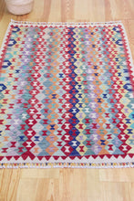 Load image into Gallery viewer, 4x6 Vintage Kilim Area Rug | Repeating all over diamond tribal motifs colorful design | SKU 517

