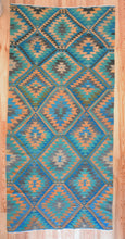 Load image into Gallery viewer, 5x11 Vintage Anatolian Turkish Kilim Area Rug | Repeating staggered tribal diamond design vibrant colors  | SKU 520
