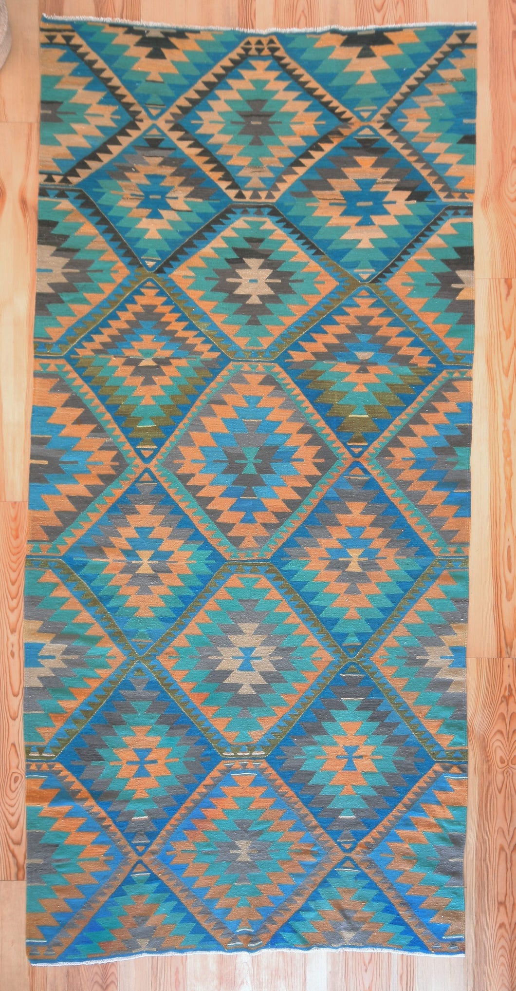 5x11 Vintage Anatolian Turkish Kilim Area Rug | Repeating staggered tribal diamond design vibrant colors  | SKU 520
