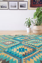 Load image into Gallery viewer, 5x11 Vintage Anatolian Turkish Kilim Area Rug | Repeating staggered tribal diamond design vibrant colors  | SKU 520
