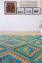 Load image into Gallery viewer, 5x11 Vintage Anatolian Turkish Kilim Area Rug | Repeating staggered tribal diamond design vibrant colors  | SKU 520
