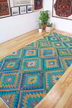 Load image into Gallery viewer, 5x11 Vintage Anatolian Turkish Kilim Area Rug | Repeating staggered tribal diamond design vibrant colors  | SKU 520
