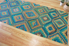 Load image into Gallery viewer, 5x11 Vintage Anatolian Turkish Kilim Area Rug | Repeating staggered tribal diamond design vibrant colors  | SKU 520

