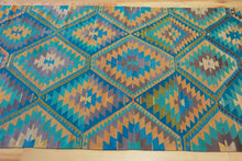 Load image into Gallery viewer, 5x11 Vintage Anatolian Turkish Kilim Area Rug | Repeating staggered tribal diamond design vibrant colors  | SKU 520
