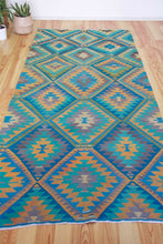 Load image into Gallery viewer, 5x11 Vintage Anatolian Turkish Kilim Area Rug | Repeating staggered tribal diamond design vibrant colors  | SKU 520
