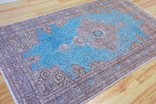 Load image into Gallery viewer, 6x10 Vintage Turkish Oushak Style &#39;Isparta&#39; Area Rug | Bold gray medallion floral design blue field gray border  | SKU 521
