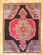 Load image into Gallery viewer, 5x7 Vintage Eastern Anatolian &#39;Kars&#39; Turkish Area Rug | Single bold red medallion black field gray corners pink accents | SKU 525
