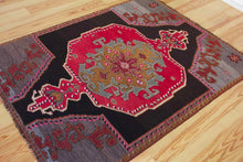 Load image into Gallery viewer, 5x7 Vintage Eastern Anatolian &#39;Kars&#39; Turkish Area Rug | Single bold red medallion black field gray corners pink accents | SKU 525
