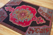 Load image into Gallery viewer, 5x7 Vintage Eastern Anatolian &#39;Kars&#39; Turkish Area Rug | Single bold red medallion black field gray corners pink accents | SKU 525
