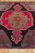 Load image into Gallery viewer, 5x7 Vintage Eastern Anatolian &#39;Kars&#39; Turkish Area Rug | Single bold red medallion black field gray corners pink accents | SKU 525
