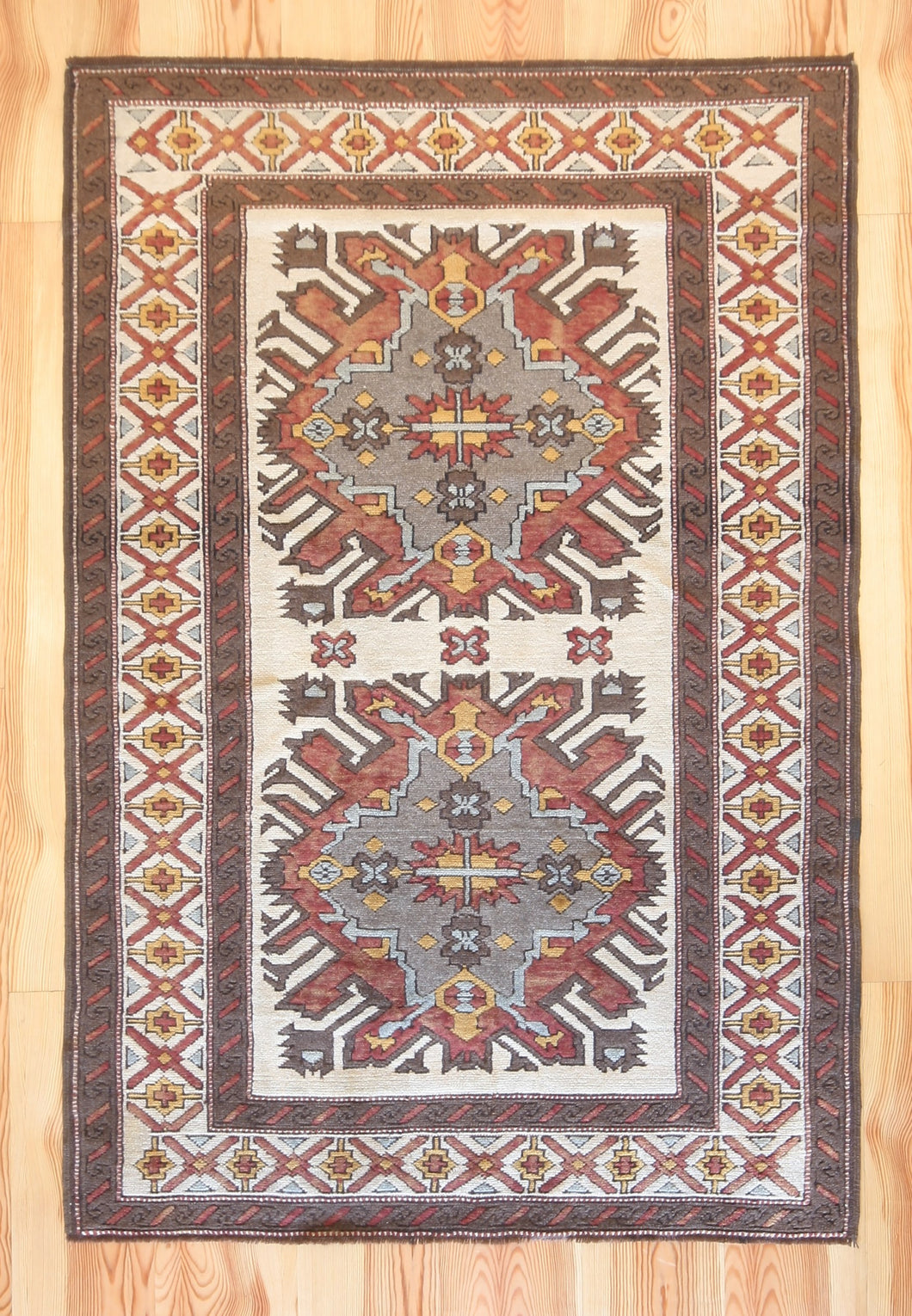 5x7 Vintage Eastern Anatolian 'Kars' Turkish Area Rug | Double medallion on light field with symmetrical tribal symbols | SKU 527