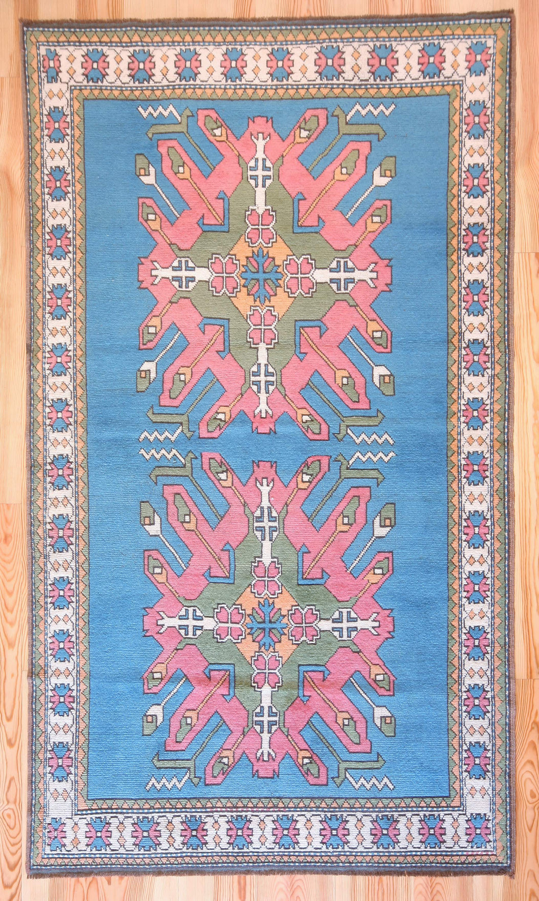 5x9 Vintage Eastern Anatolian 'Kars' Turkish Area Rug | Double medallion on spacious blue field with geometric border | SKU 528