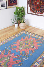 Load image into Gallery viewer, 5x9 Vintage Eastern Anatolian &#39;Kars&#39; Turkish Area Rug | Double medallion on spacious blue field with geometric border | SKU 528
