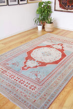 Load image into Gallery viewer, 5x8 Vintage Central Anatolian Oushak Style Turkish Area Rug | Bold medallion on earthy field intricate bracket and field design  | SKU 529
