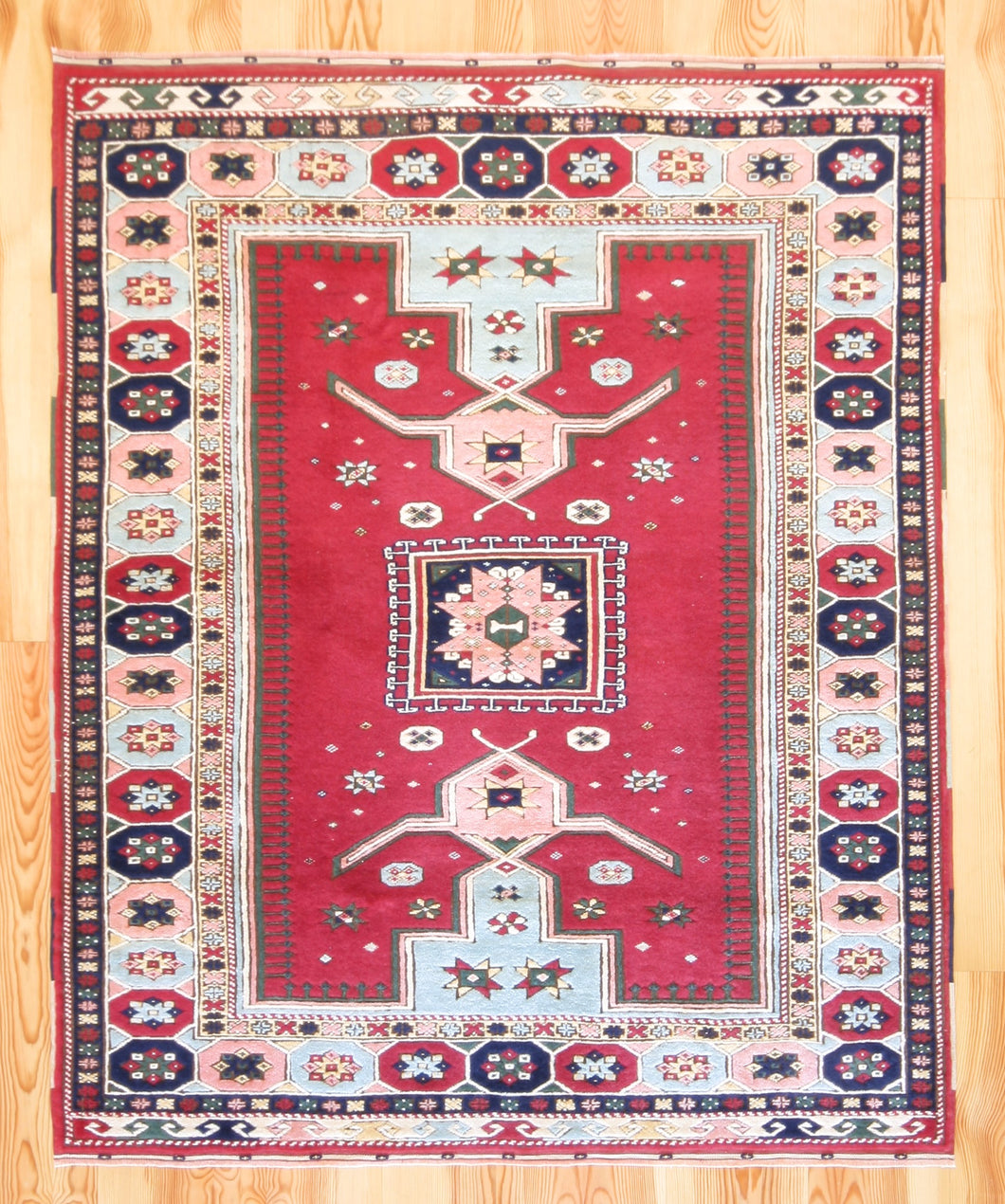 5x6 Vintage Central Anatolian 'Yoruk' Turkish Rug | Square medallion symmetrical geometric design light border  | SKU 533