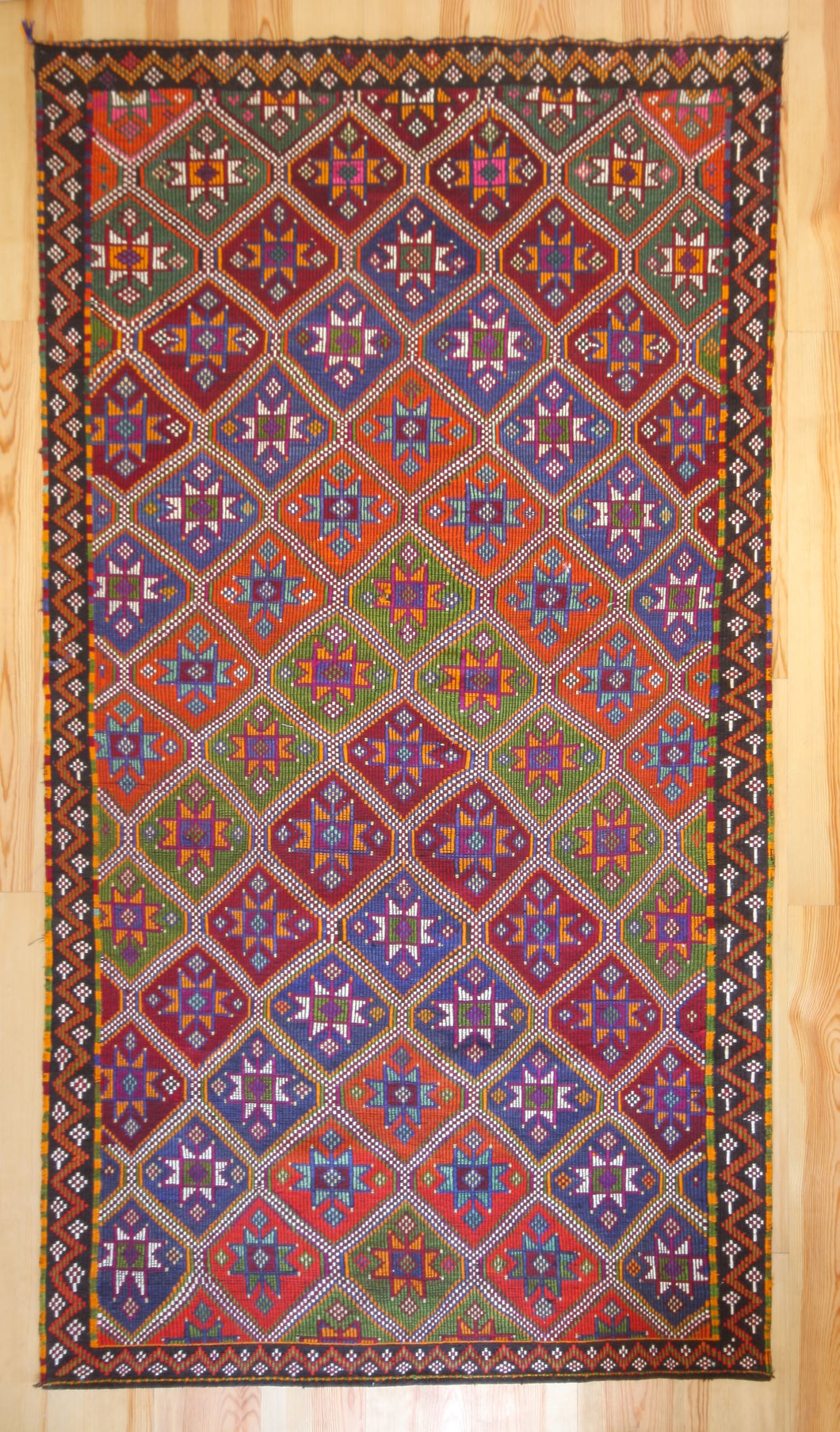 6x9 Vintage Anatolian Turkish Kilim Area Rug | Repeating staggered all over tribal motifs with stars in centers | SKU 535