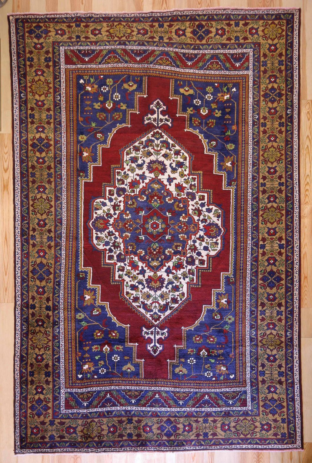 8x12 Vintage Central Anatolian 'Taspinar' Turkish Area Rug Bold Light Medallion Red Field Floral Embellishments | SKU 538