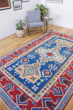 Load image into Gallery viewer, 6x10 Vintage Central Anatolian &#39;Aksaray&#39; Turkish Area Rug Bold Medallion Stylized Geometric Design Blue Field Red Border | SKU 550
