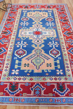Load image into Gallery viewer, 6x10 Vintage Central Anatolian &#39;Aksaray&#39; Turkish Area Rug Bold Medallion Stylized Geometric Design Blue Field Red Border | SKU 550
