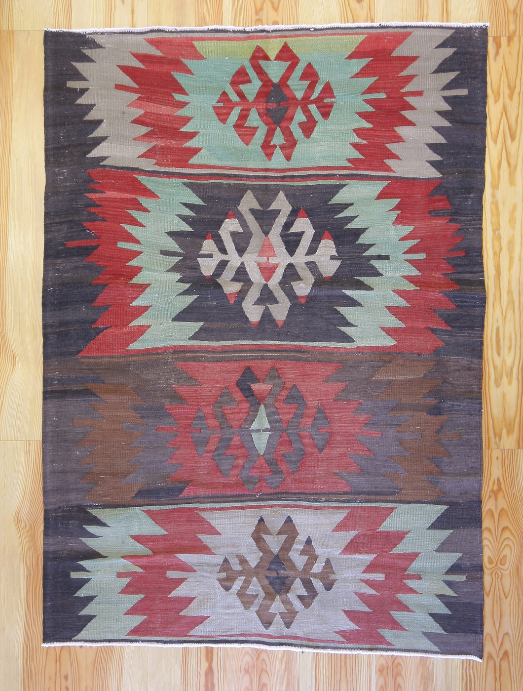 5x7 Vintage Anatolian Turkish Kilim Area Rug | Bold geometric tribal symbols muted colors | SKU 551