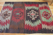 Load image into Gallery viewer, 5x7 Vintage Anatolian Turkish Kilim Area Rug | Bold geometric tribal symbols muted colors | SKU 551
