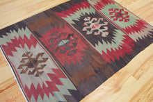 Load image into Gallery viewer, 5x7 Vintage Anatolian Turkish Kilim Area Rug | Bold geometric tribal symbols muted colors | SKU 551
