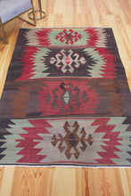Load image into Gallery viewer, 5x7 Vintage Anatolian Turkish Kilim Area Rug | Bold geometric tribal symbols muted colors | SKU 551
