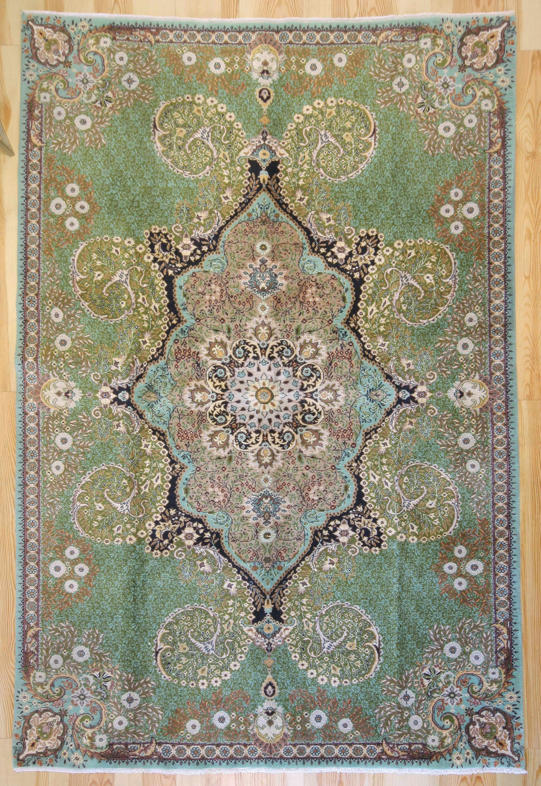 7x10 Vintage Central Anatolian 'Ladik' Turkish Area Rug Bold Intricate Medallion Allover Floral Design Green Field | SKU 552
