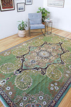 Load image into Gallery viewer, 7x10 Vintage Central Anatolian &#39;Ladik&#39; Turkish Area Rug Bold Intricate Medallion Allover Floral Design Green Field | SKU 552
