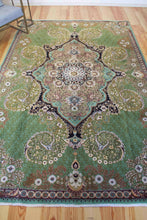 Load image into Gallery viewer, 7x10 Vintage Central Anatolian &#39;Ladik&#39; Turkish Area Rug Bold Intricate Medallion Allover Floral Design Green Field | SKU 552
