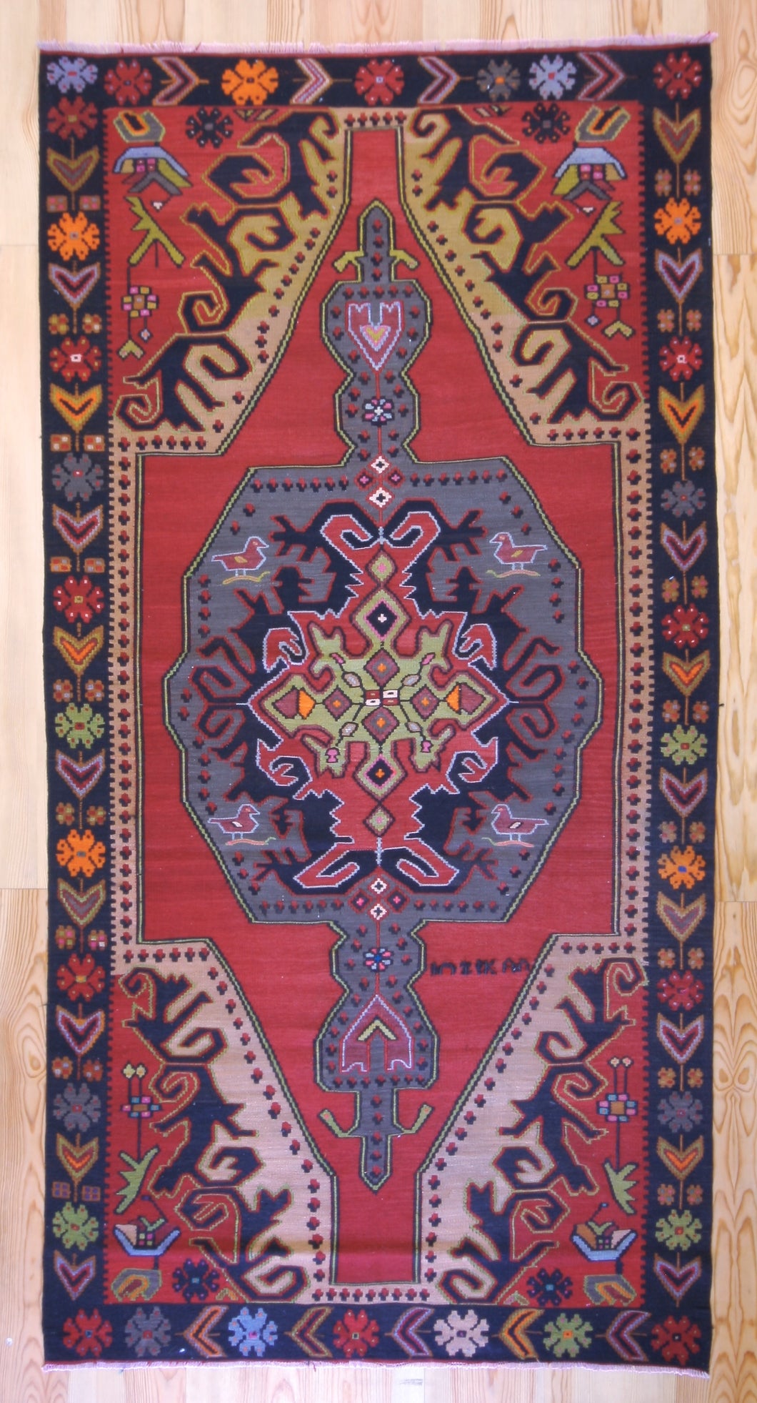 5x9 Vintage Eastern Anatolian 'Kars' Turkish Kilim Area Rug Bold Medallion Red Field Geometric Design Floral Embellishments | SKU 553