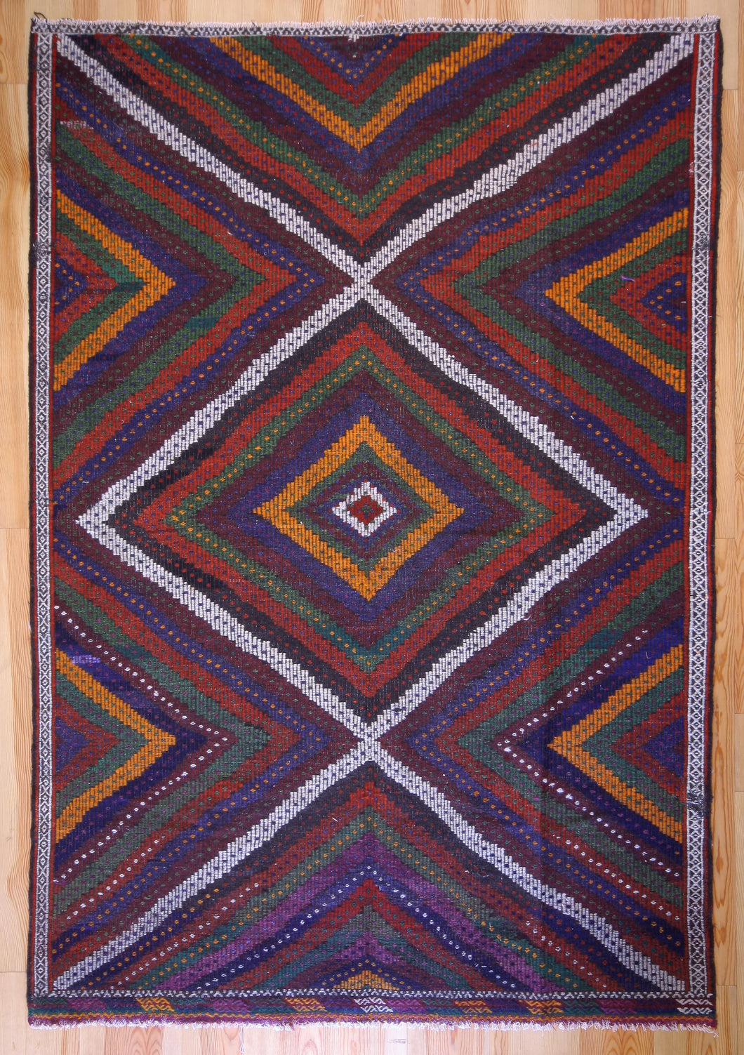 7x10 Vintage Western Anatolian Turkish Kilim Area Rug Colorful Symmetrical Diamond Design with Alternating Colors  | SKU 556