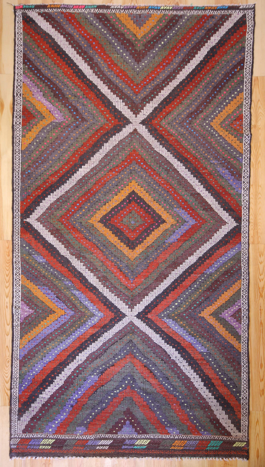 7x12 Vintage Western Anatolian Turkish Kilim Area Rug Colorful Symmetrical Diamond Design with Alternating Colors  | SKU 557
