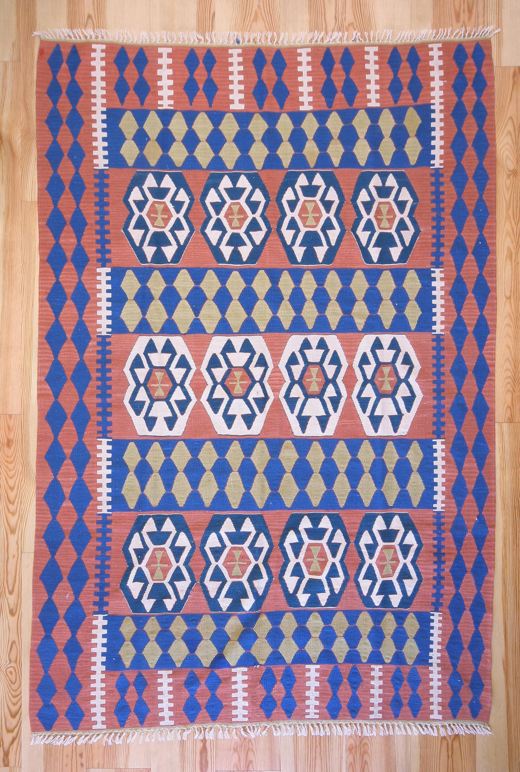 6x9 Vintage Western Anatolian Turkish Flatwoven Kilim Area Rug Bold Repeating Symmetrical Tribal Symbols Natural Colors  | SKU 587