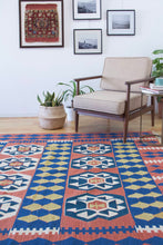 Load image into Gallery viewer, 6x9 Vintage Western Anatolian Turkish Flatwoven Kilim Area Rug Bold Repeating Symmetrical Tribal Symbols Natural Colors  | SKU 587
